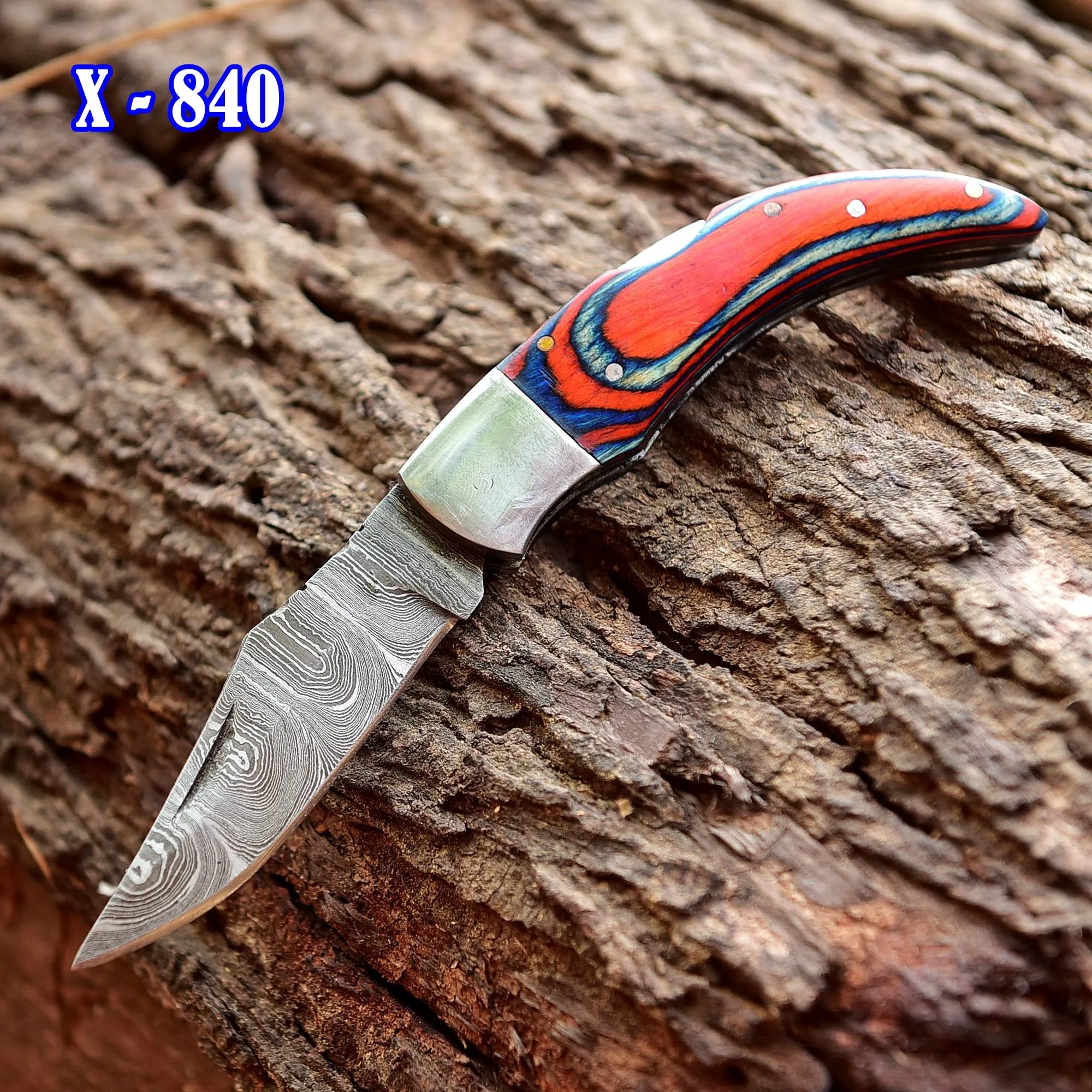 Damascus Folding Blade Knife - 7" Handmade Gift Knife - Hunting Pocket Knife