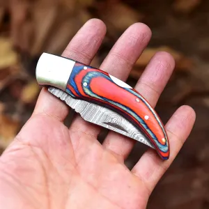 Damascus Folding Blade Knife - 7" Handmade Gift Knife - Hunting Pocket Knife
