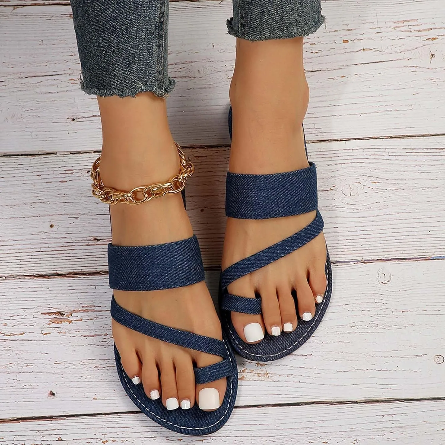 Denim Slides Sandals for Women 2025 Cute Summer Flat Sandal Casual Dressy Toe Ring Strappy Slip on Slide Flats 2025