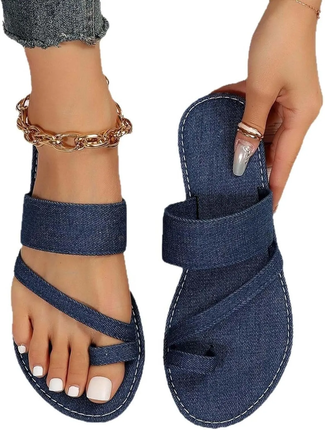 Denim Slides Sandals for Women 2025 Cute Summer Flat Sandal Casual Dressy Toe Ring Strappy Slip on Slide Flats 2025