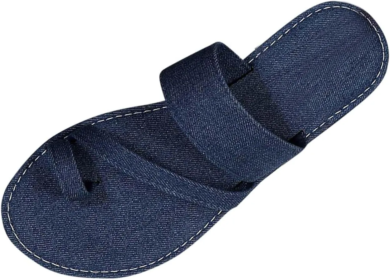 Denim Slides Sandals for Women 2025 Cute Summer Flat Sandal Casual Dressy Toe Ring Strappy Slip on Slide Flats 2025