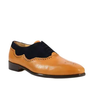 Emilio Franco Italian Men's Designer Shoes Camel / Blue Leather and Suede Oxfords (EFS1003)