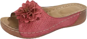 Flowers Orthopedic Sandals for Women Arch Support Fish Mouth Open Toe Leather Slippers Wedge Platform Sandal