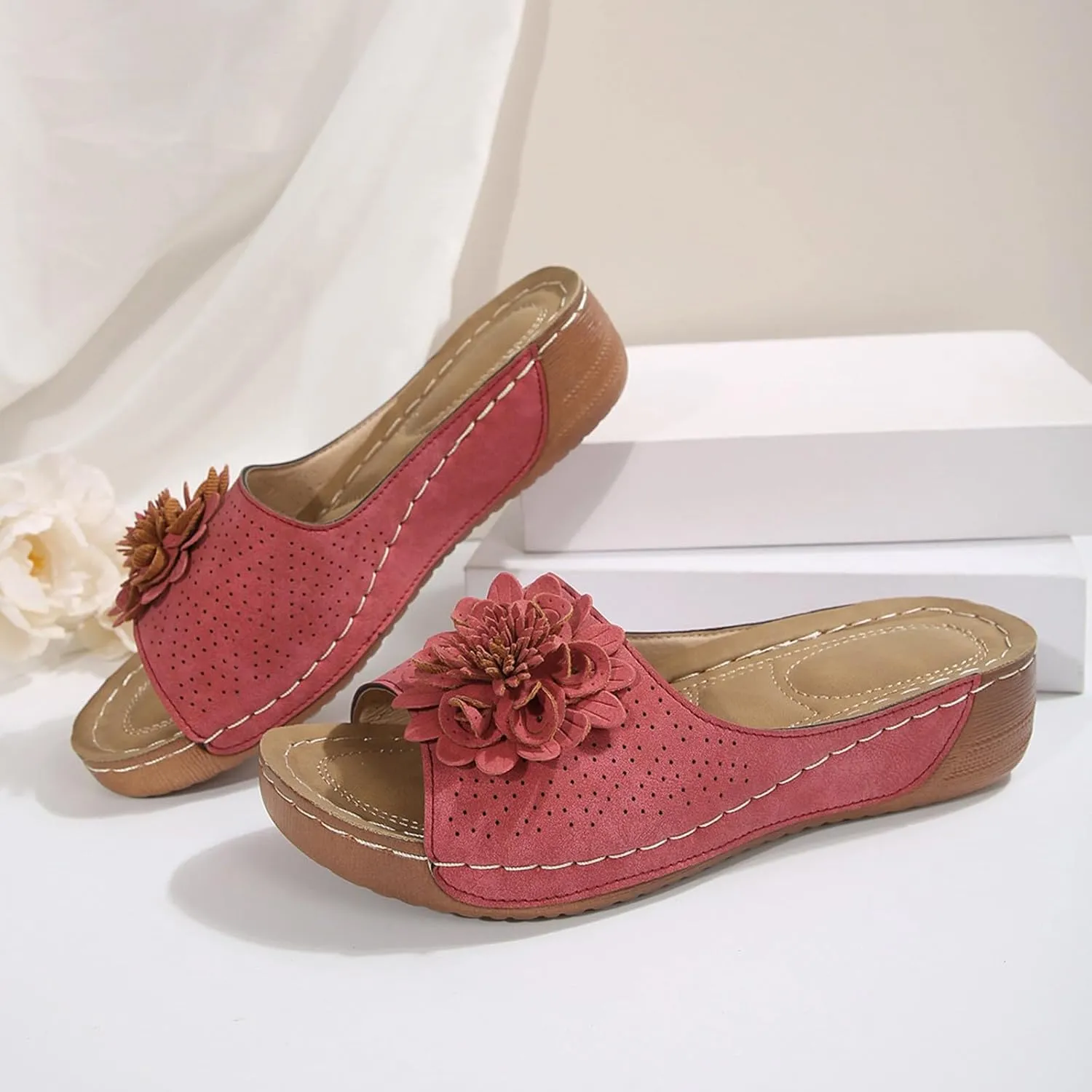 Flowers Orthopedic Sandals for Women Arch Support Fish Mouth Open Toe Leather Slippers Wedge Platform Sandal