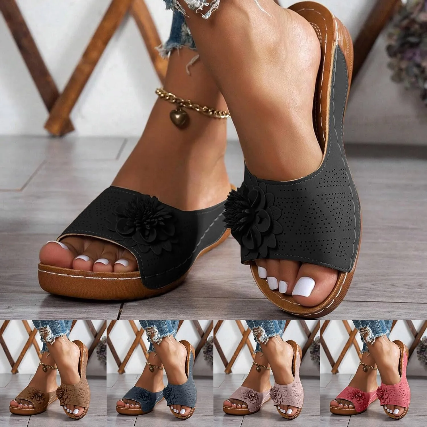 Flowers Orthopedic Sandals for Women Arch Support Fish Mouth Open Toe Leather Slippers Wedge Platform Sandal