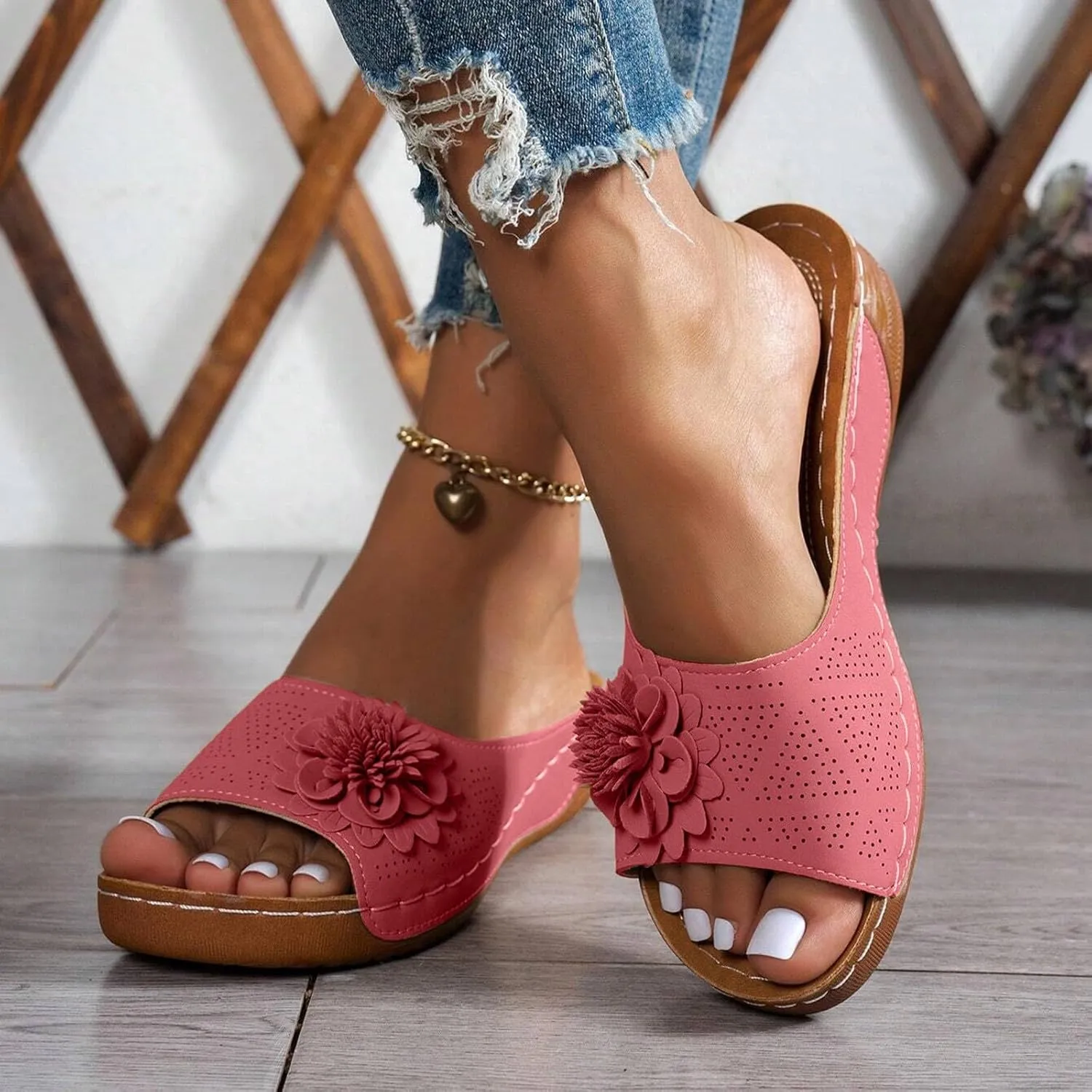 Flowers Orthopedic Sandals for Women Arch Support Fish Mouth Open Toe Leather Slippers Wedge Platform Sandal