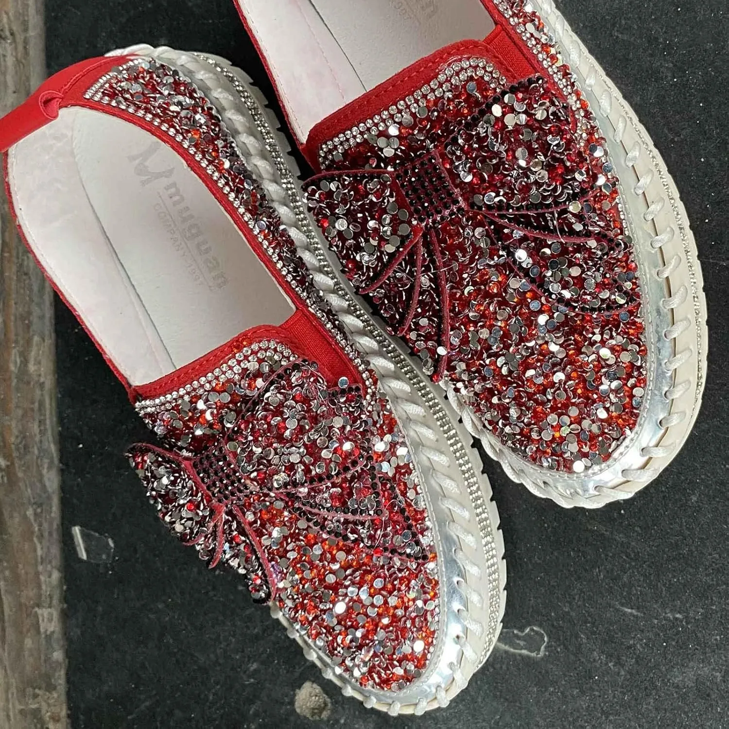 Gold Fashion Platform Walking Shoes for Women Trendy Rhinestones Glitter Slip on Sneakers Cute Bow Flat Loafer Shoe Footwear