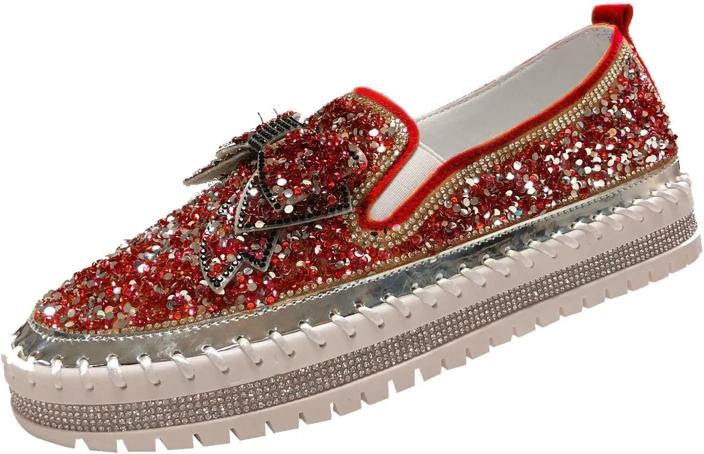 Gold Fashion Platform Walking Shoes for Women Trendy Rhinestones Glitter Slip on Sneakers Cute Bow Flat Loafer Shoe Footwear