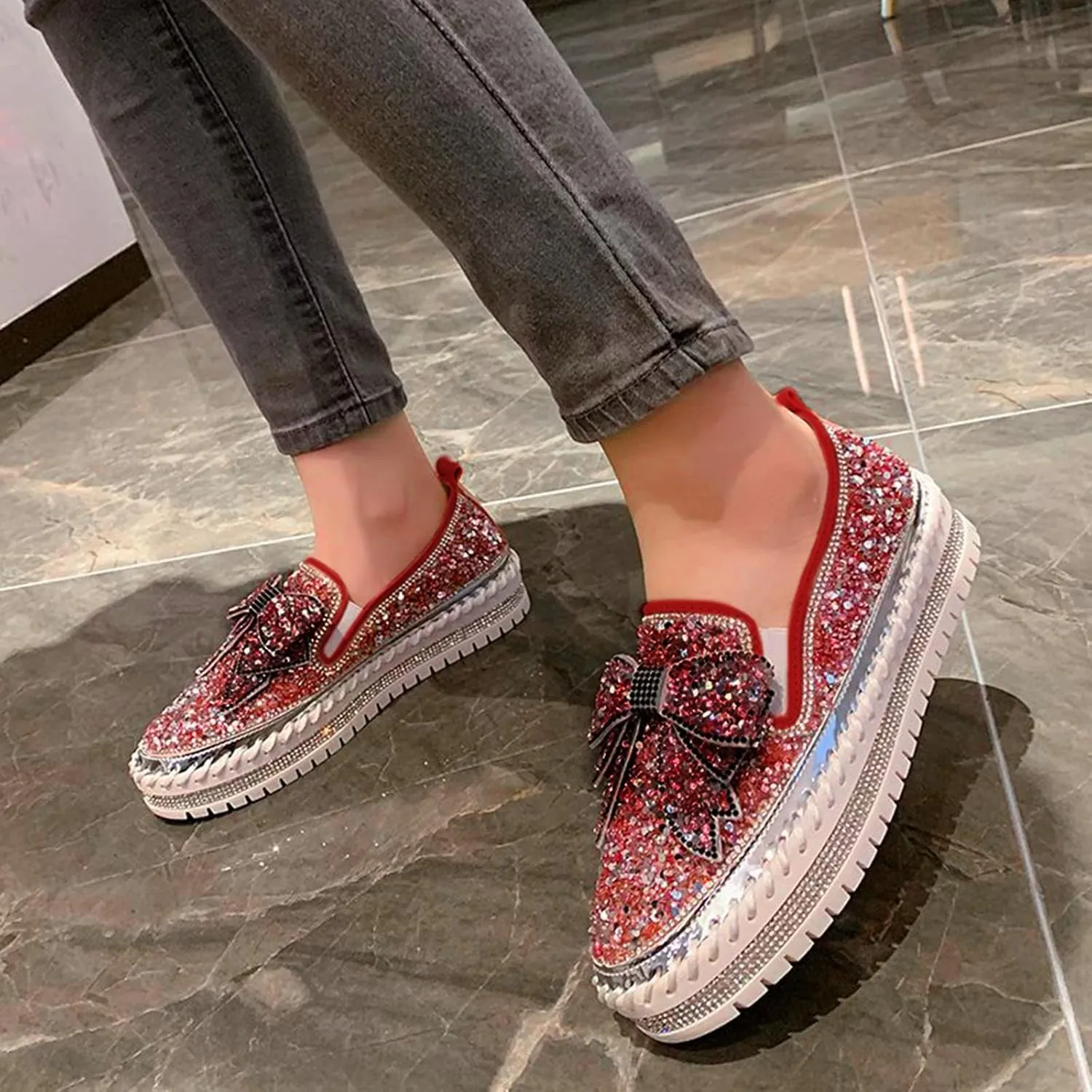 Gold Fashion Platform Walking Shoes for Women Trendy Rhinestones Glitter Slip on Sneakers Cute Bow Flat Loafer Shoe Footwear