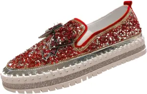 Gold Fashion Platform Walking Shoes for Women Trendy Rhinestones Glitter Slip on Sneakers Cute Bow Flat Loafer Shoe Footwear