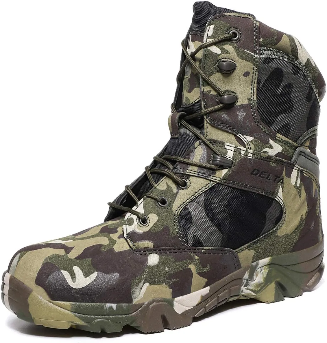 HARGLESMAN Men's Tactical Boots 8 Inches Combat Military Work Desert Leather Boots with Zipper Green Camo Size: 14