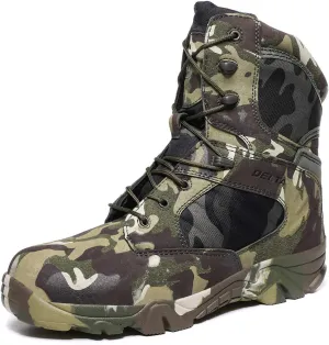 HARGLESMAN Men's Tactical Boots 8 Inches Combat Military Work Desert Leather Boots with Zipper Green Camo Size: 14