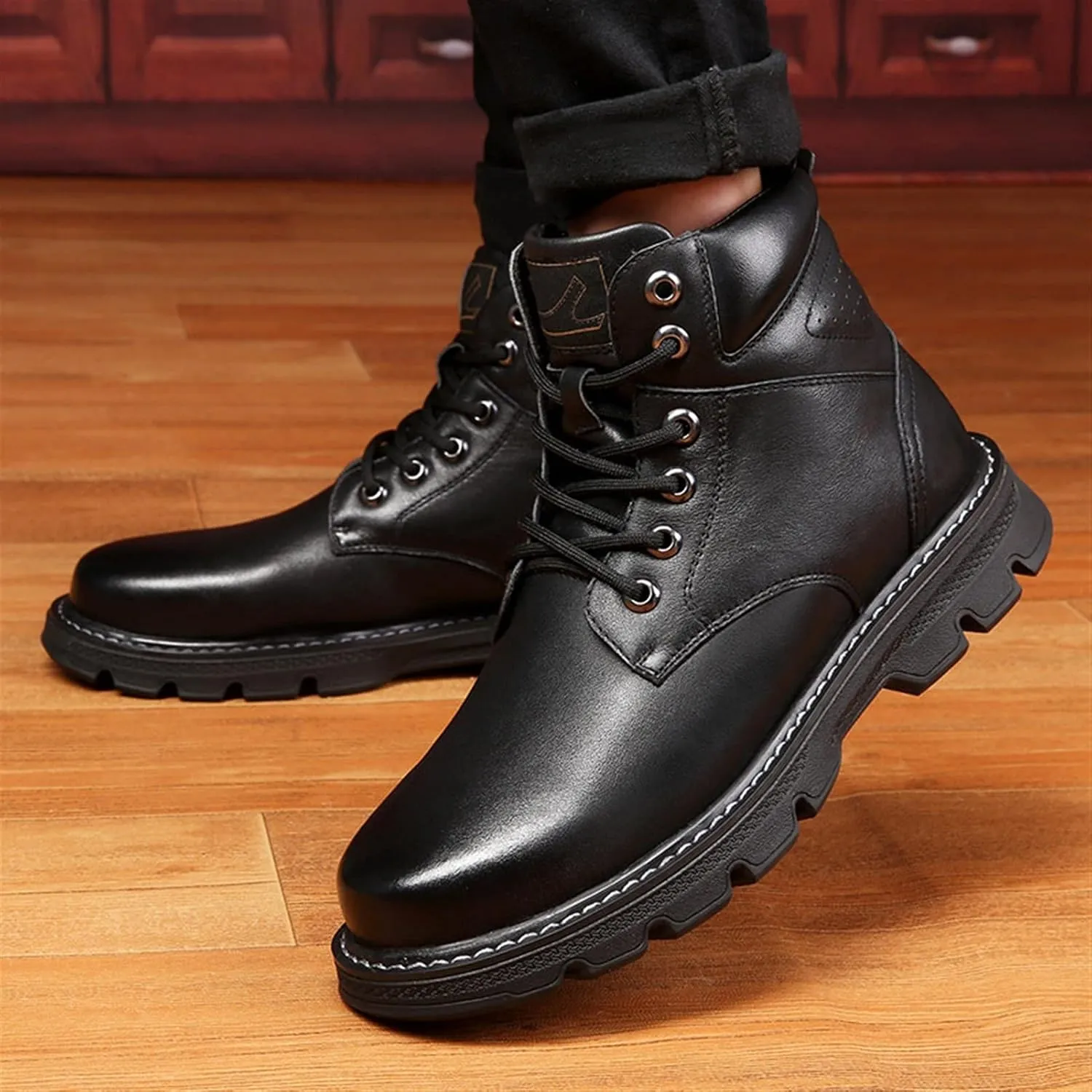 High Rise Hiking Boots, Mens Leather Winter Boots, Stylish and Warm Lace- up Snow Boots, Classic Work Ankle Footwear, Anti Slip Outdoor Ridding Walking Shoes, for Birthday,Father' s Day and Christmas