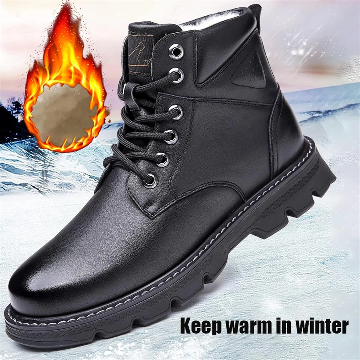 High Rise Hiking Boots, Mens Leather Winter Boots, Stylish and Warm Lace- up Snow Boots, Classic Work Ankle Footwear, Anti Slip Outdoor Ridding Walking Shoes, for Birthday,Father' s Day and Christmas