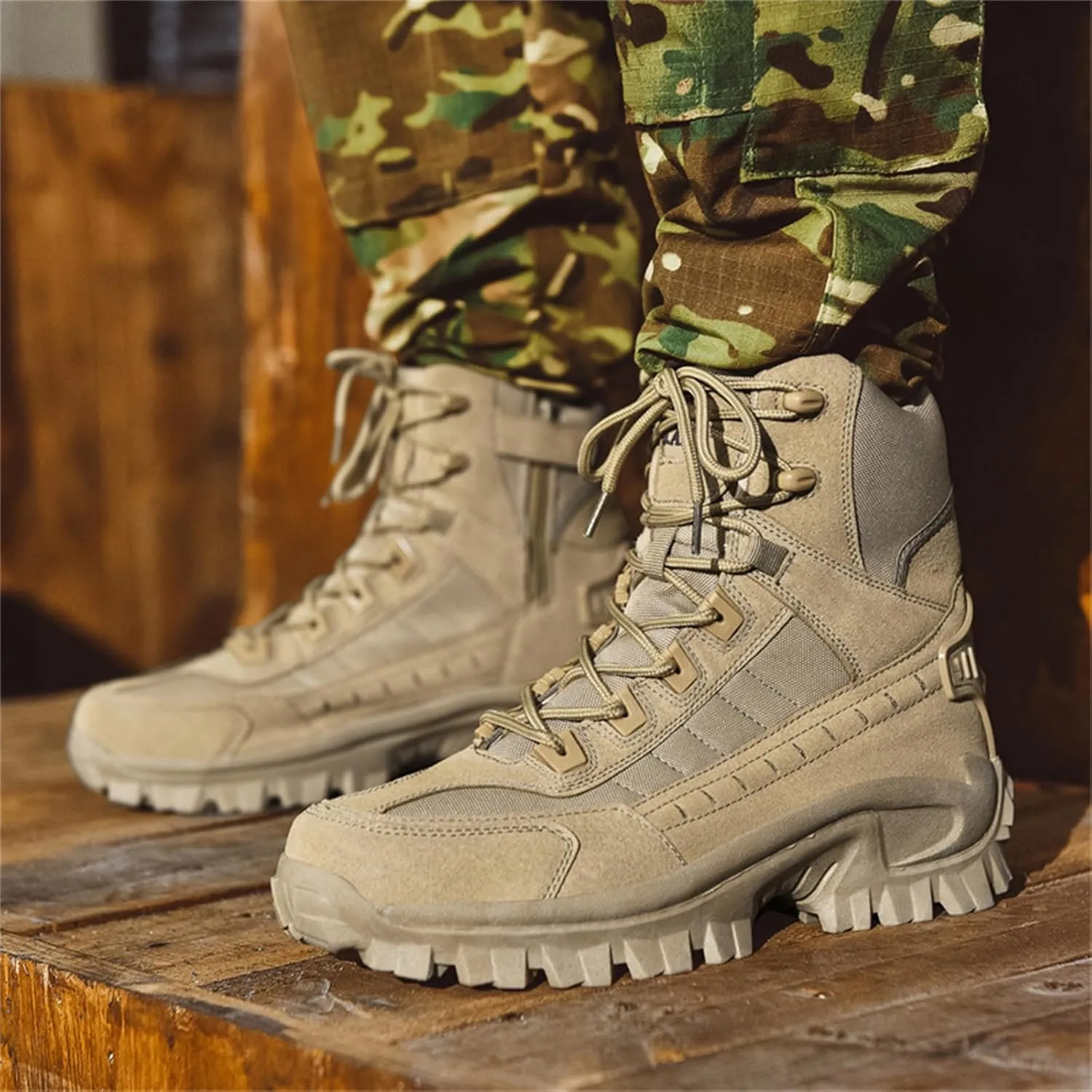 JiuQing Mens Military Boots Tactical Boots Ankle High Combat Boots Side Zip Outdoor Work Backpacking Desert Boots