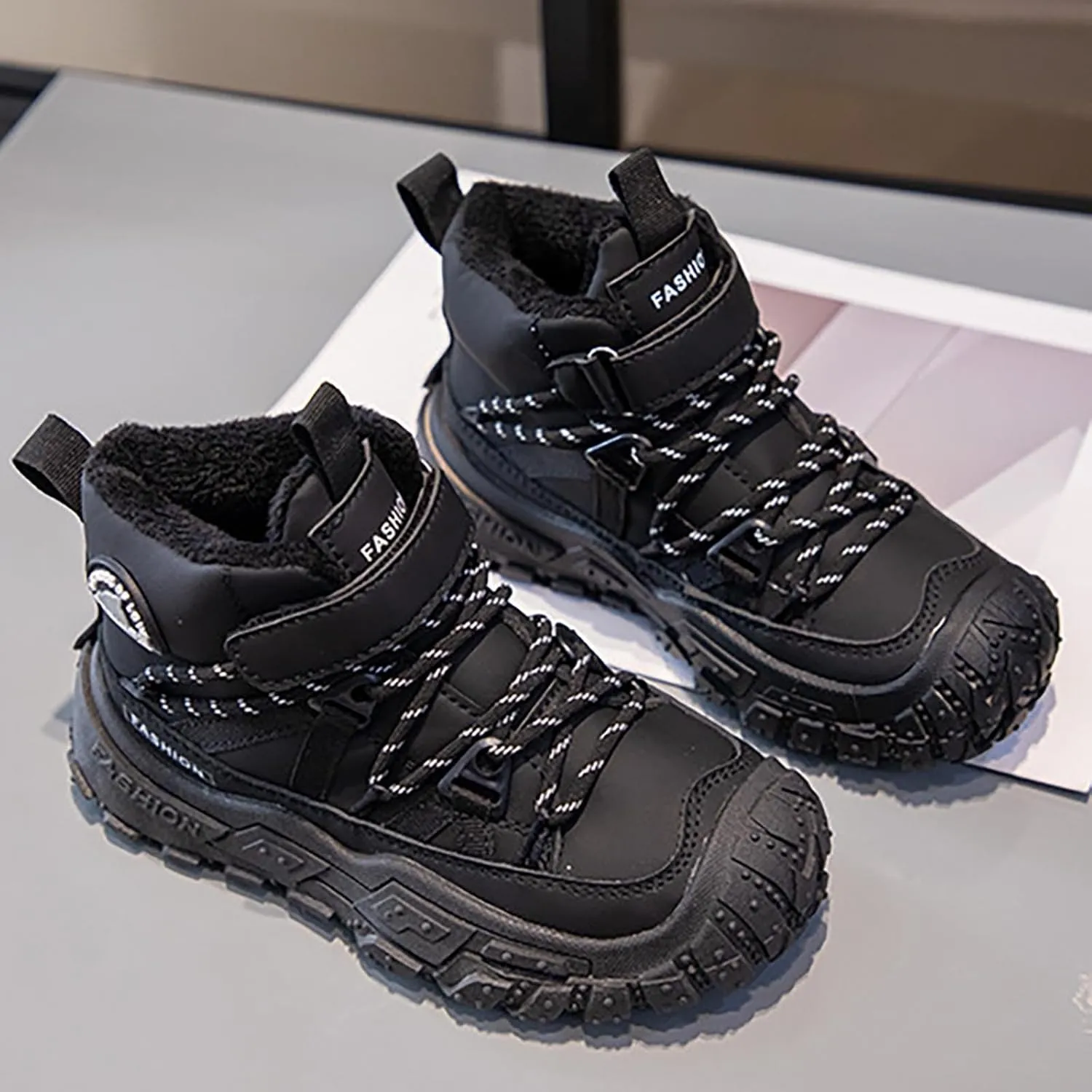 Kids Snow Boots Warm Outdoor Hiking Shoes aterproof Anti-Slip Boots Walking Climbing Sneaker Antiskid Seel Buckle Sole