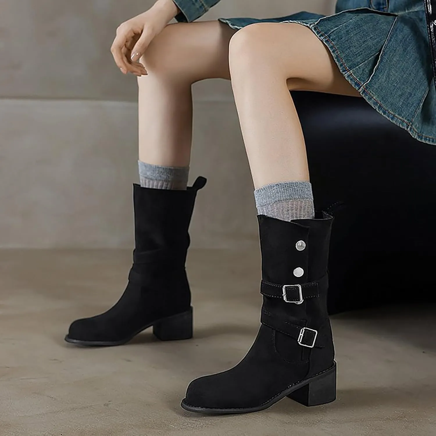 Knee High Boots for Women Wide Calf And Feet Breathable Fashion Round Head Chunky Heel Womens Rain Boots Wide Calf Short