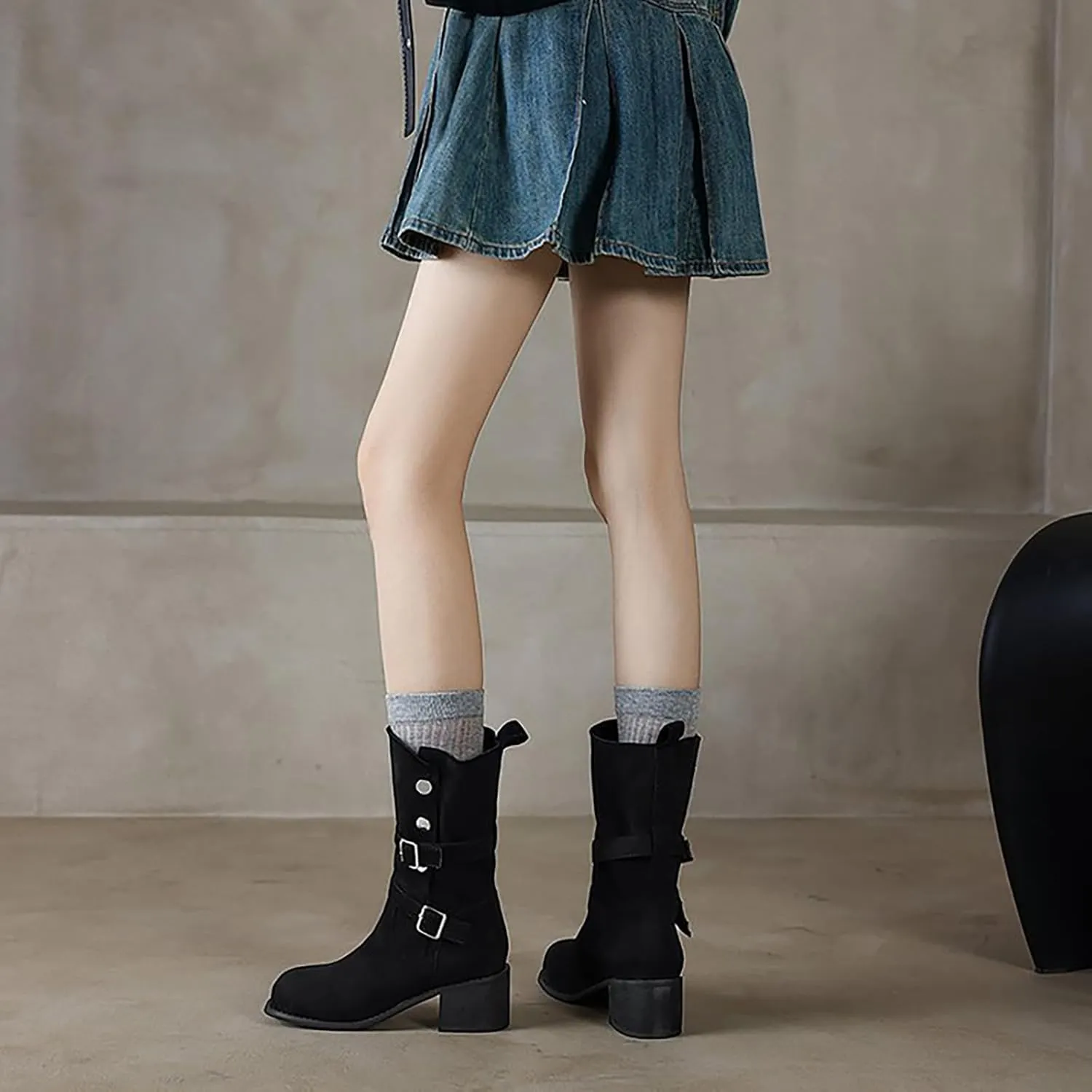 Knee High Boots for Women Wide Calf And Feet Breathable Fashion Round Head Chunky Heel Womens Rain Boots Wide Calf Short