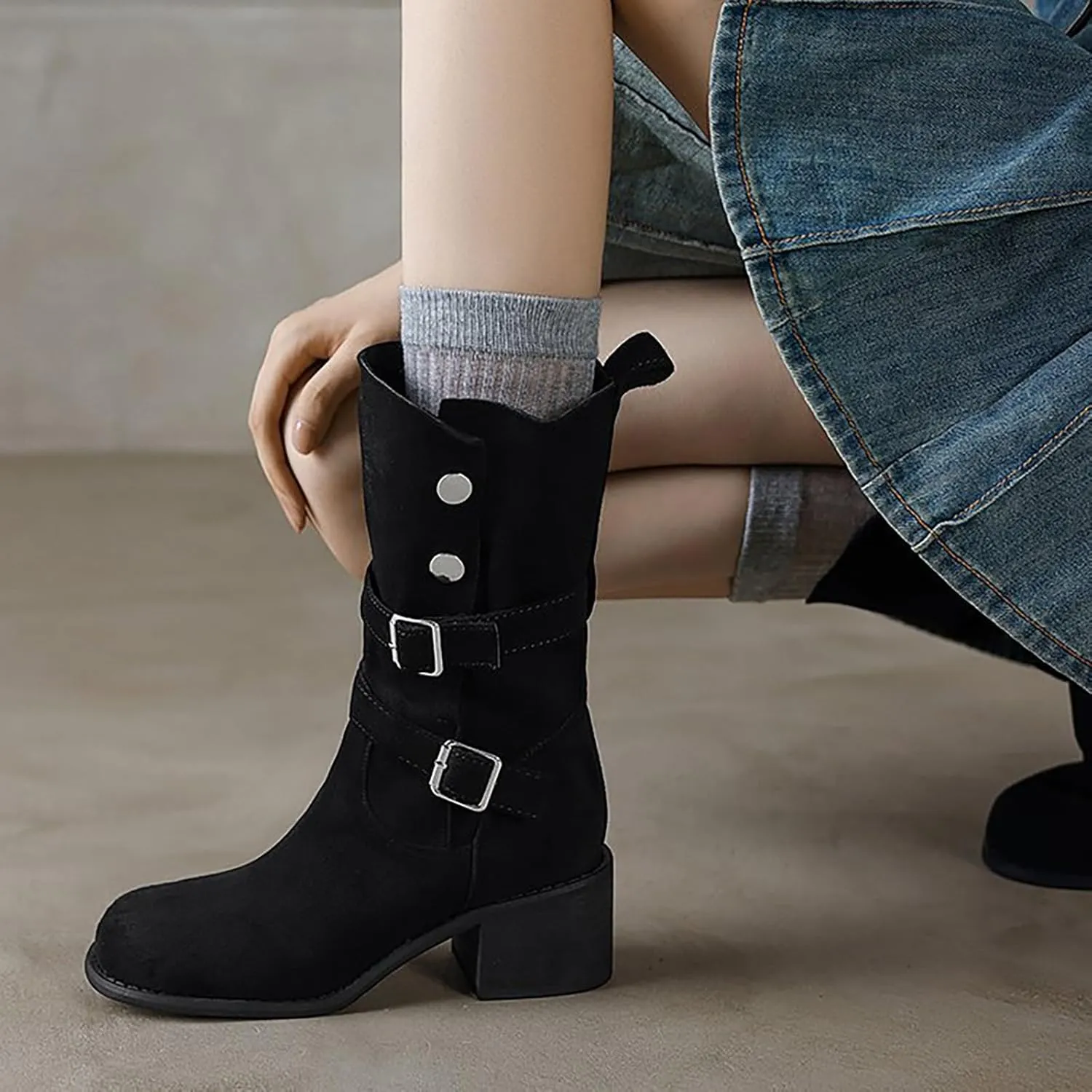 Knee High Boots for Women Wide Calf And Feet Breathable Fashion Round Head Chunky Heel Womens Rain Boots Wide Calf Short