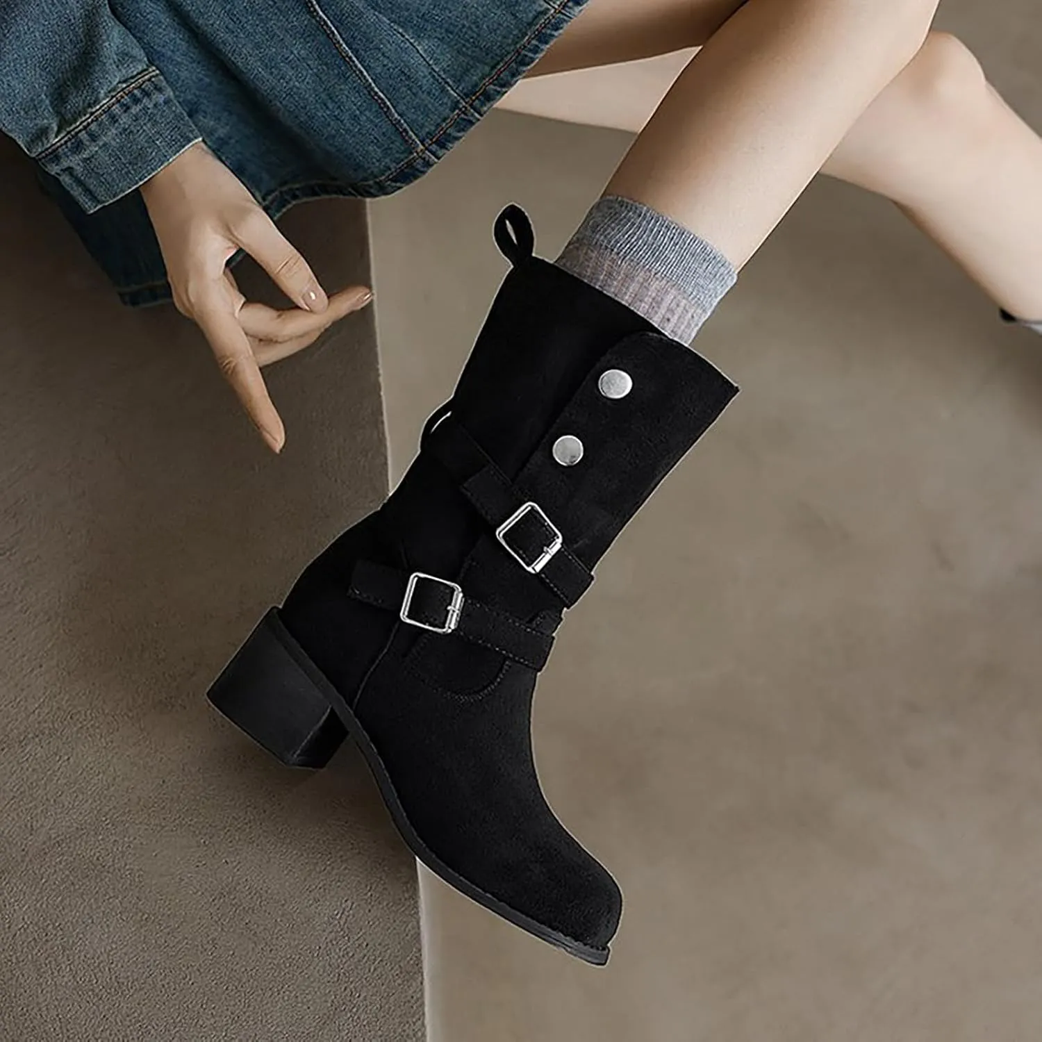 Knee High Boots for Women Wide Calf And Feet Breathable Fashion Round Head Chunky Heel Womens Rain Boots Wide Calf Short