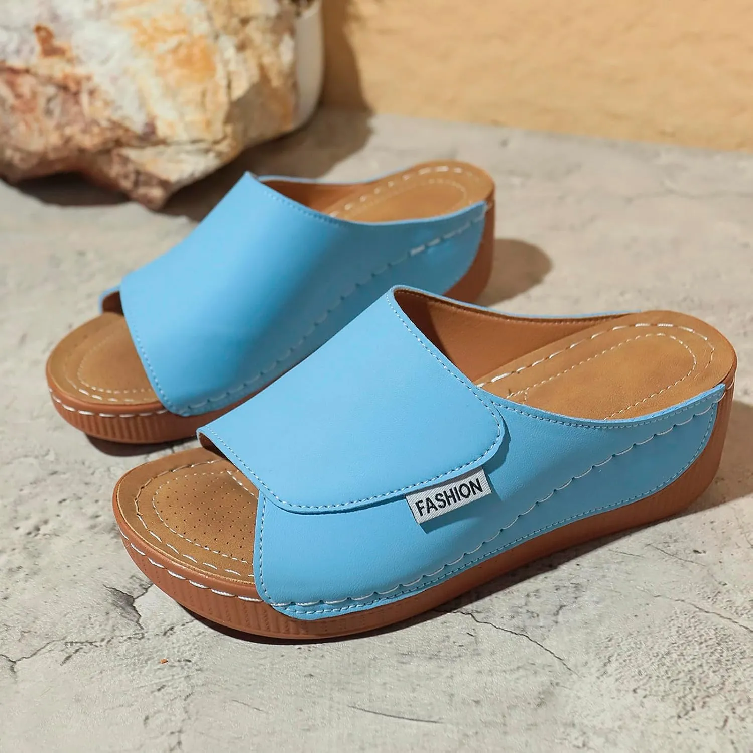 Ladies Fashion Solid Color Leather Exposed Toe Thick Sole Casual Sandals And Slippers Sandals Shoes for Women Memory Foam