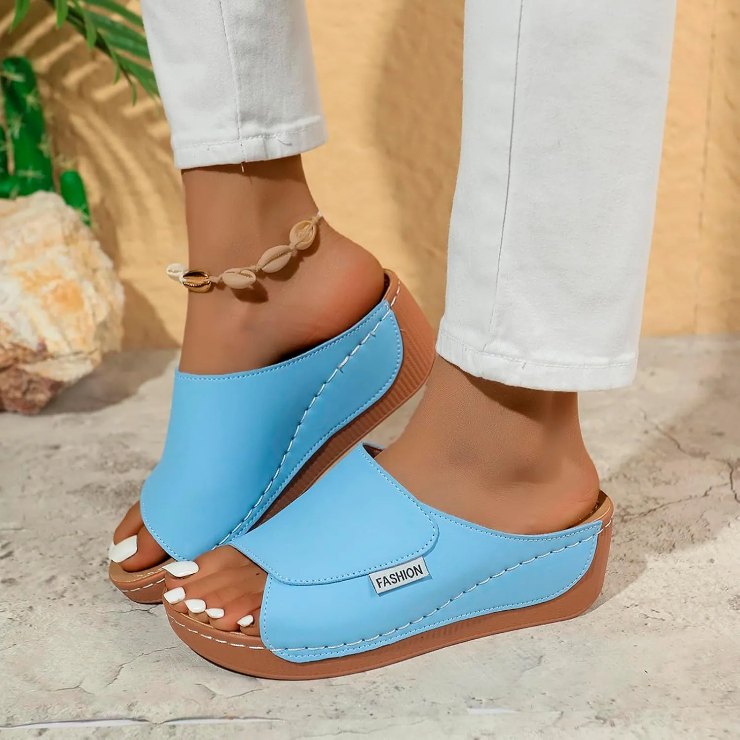 Ladies Fashion Solid Color Leather Exposed Toe Thick Sole Casual Sandals And Slippers Sandals Shoes for Women Memory Foam
