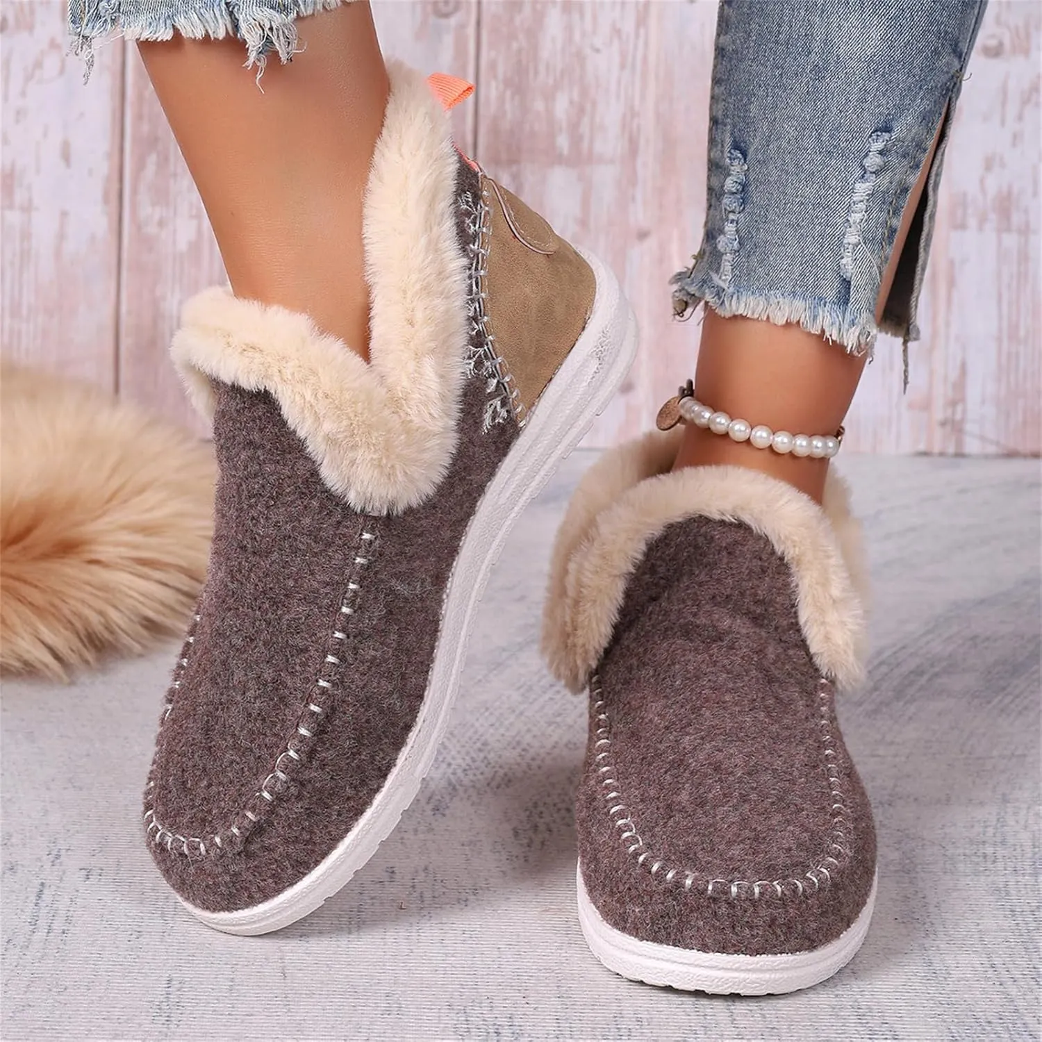 Ladmiple Booties For Women 2024 Warm Fur Lined Winter Snow Ankle Boots Outdoor Short Booties Fashion Slip On Loafers Shoes