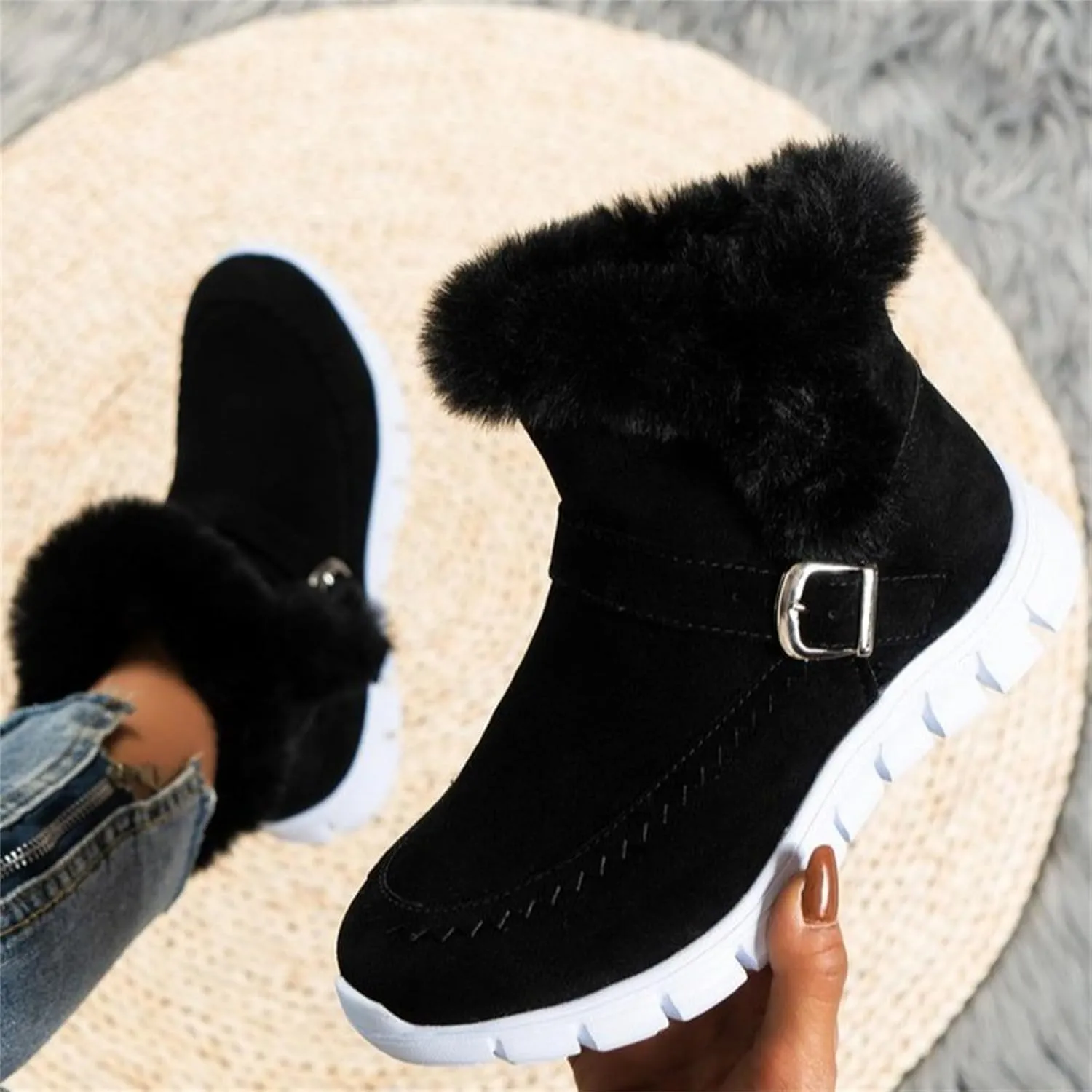 Ladmiple Snow Boots For Women Cute Wide Calf Casual Slip-on Warm Loafers Shoes Fur-Lined Comfortable Winter Ankle Booties