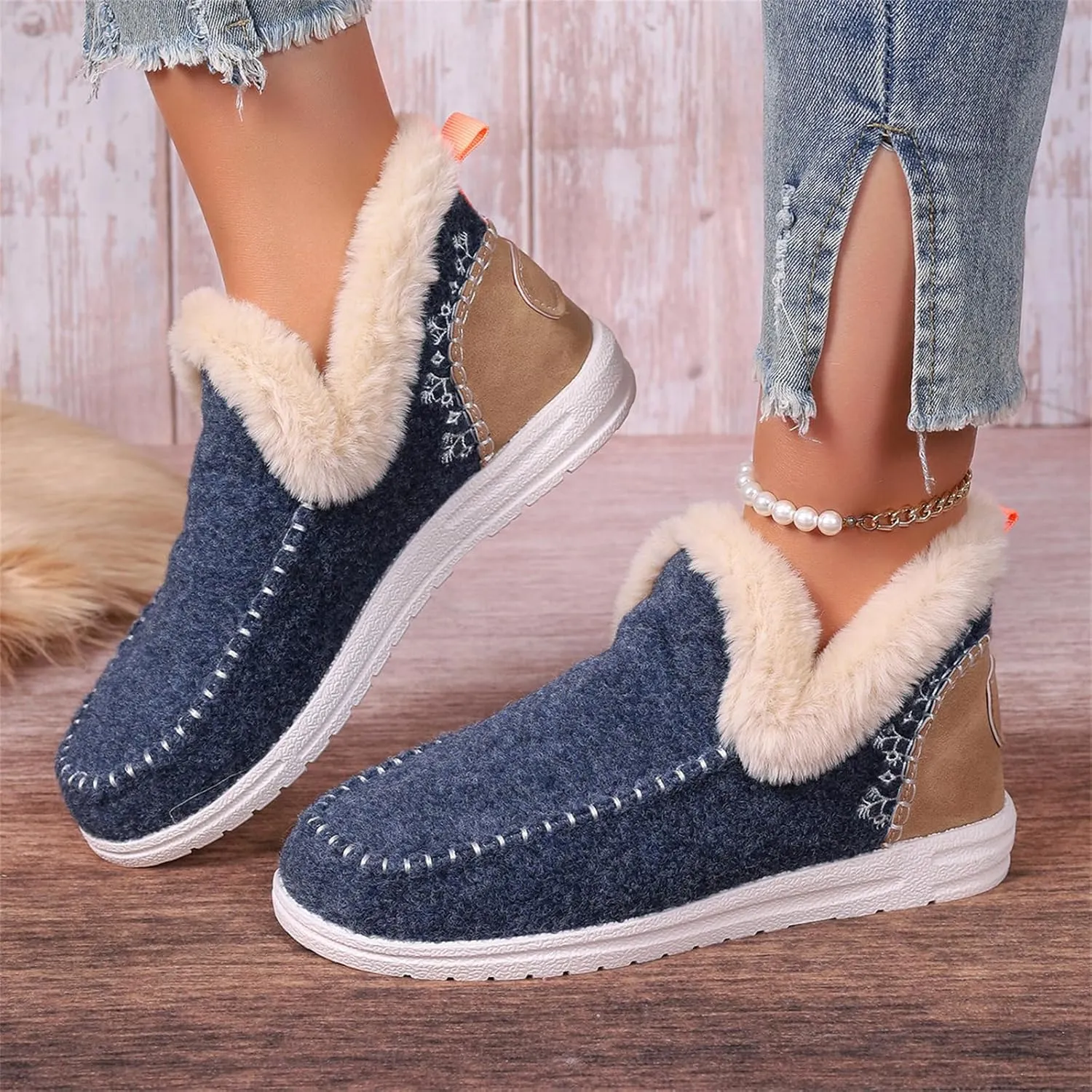 Lausiuoe Boots For Women Ankle Booties Warm Snow Boots Winter Shoes Fur Lining Short Booties Casual Fashion Loafers Shoes