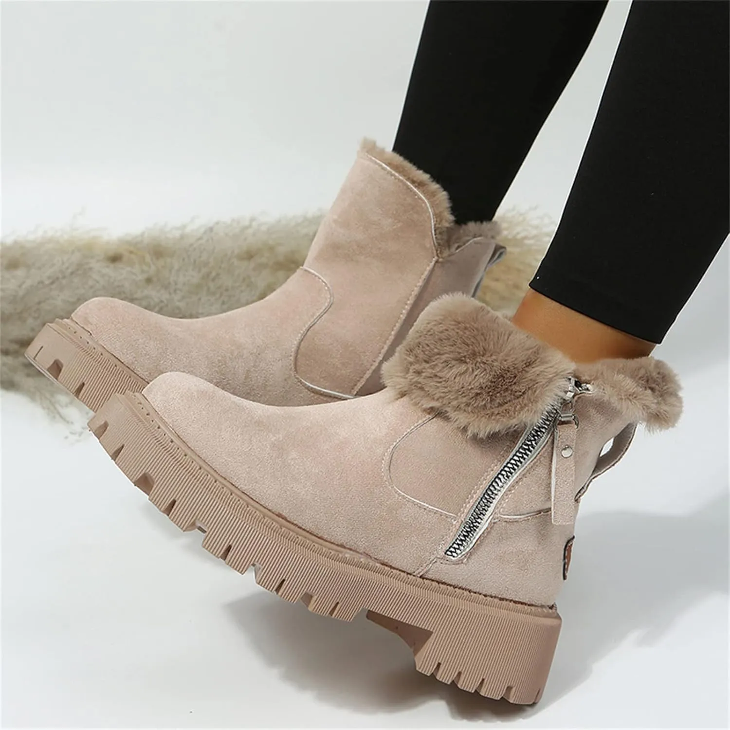 Lausiuoe Trending Winter Boots For Women 2024 Snow Boots Fuzzy Fur Lining Fashion Slip On Ankle Booties Warm Loafers Shoes
