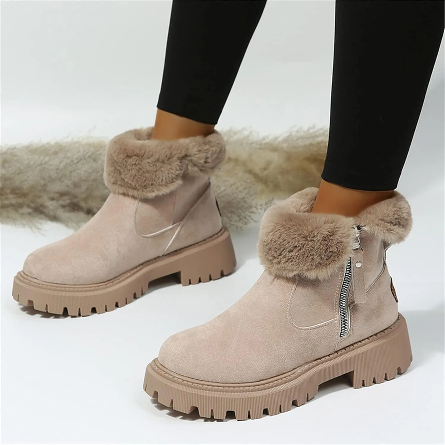 Lausiuoe Trending Winter Boots For Women 2024 Snow Boots Fuzzy Fur Lining Fashion Slip On Ankle Booties Warm Loafers Shoes