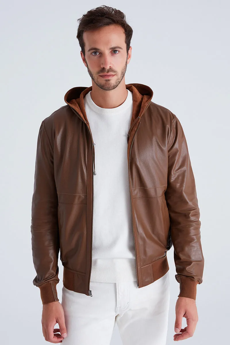 Leo Men's Reversible Suede Jacket with Hood - Snuff