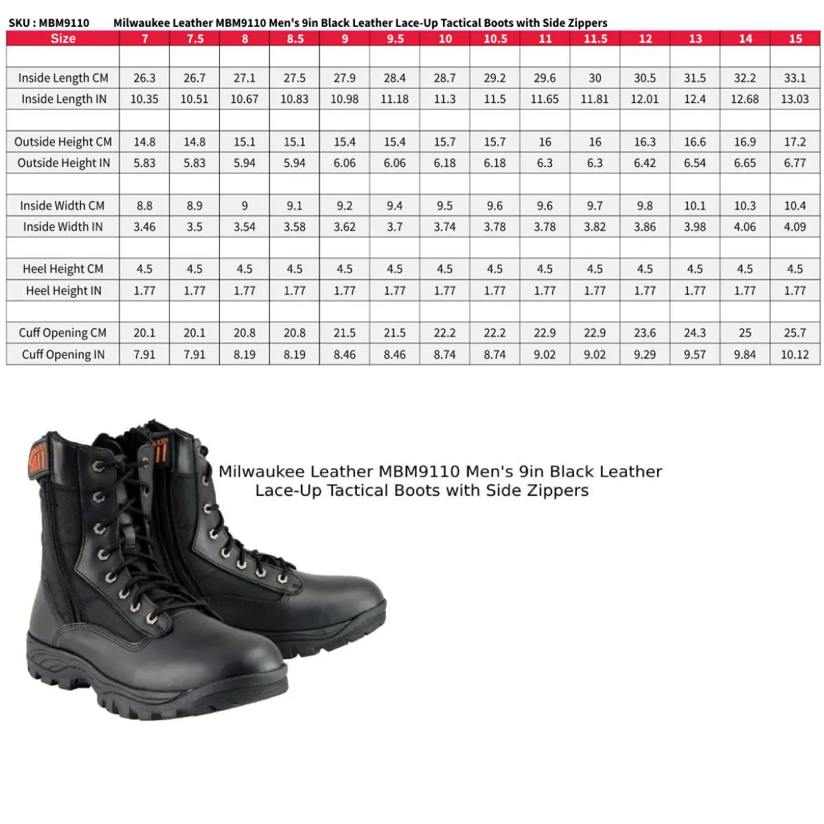 MBM9110 Men's 9in Black Leather Lace-Up Tactical Boots with Side Zippers
