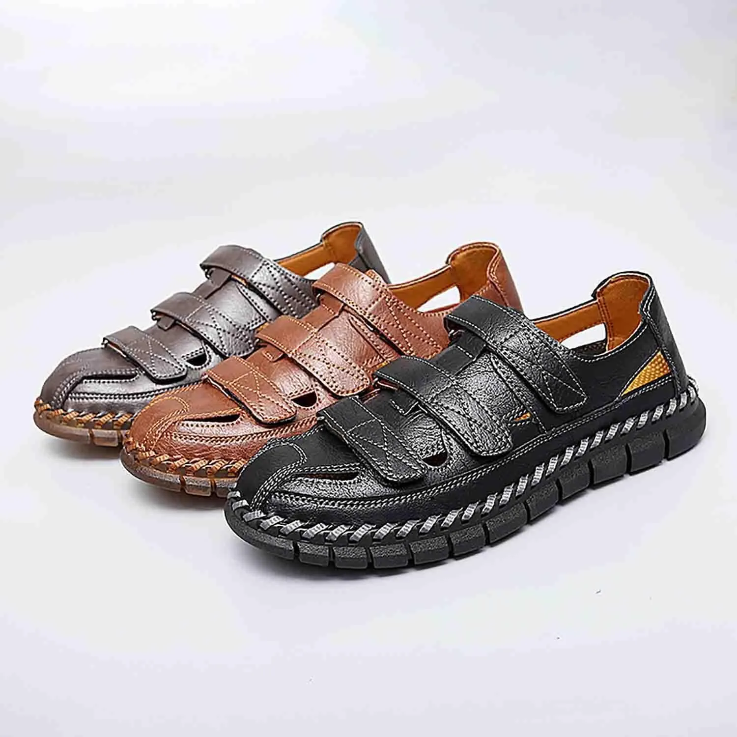 MEBAMY Men Leather Sandals Breathable Closed-Toe Summer Beach Classic Hiking Shoes