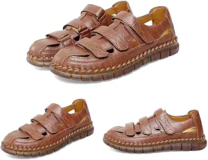 MEBAMY Men Leather Sandals Breathable Closed-Toe Summer Beach Classic Hiking Shoes