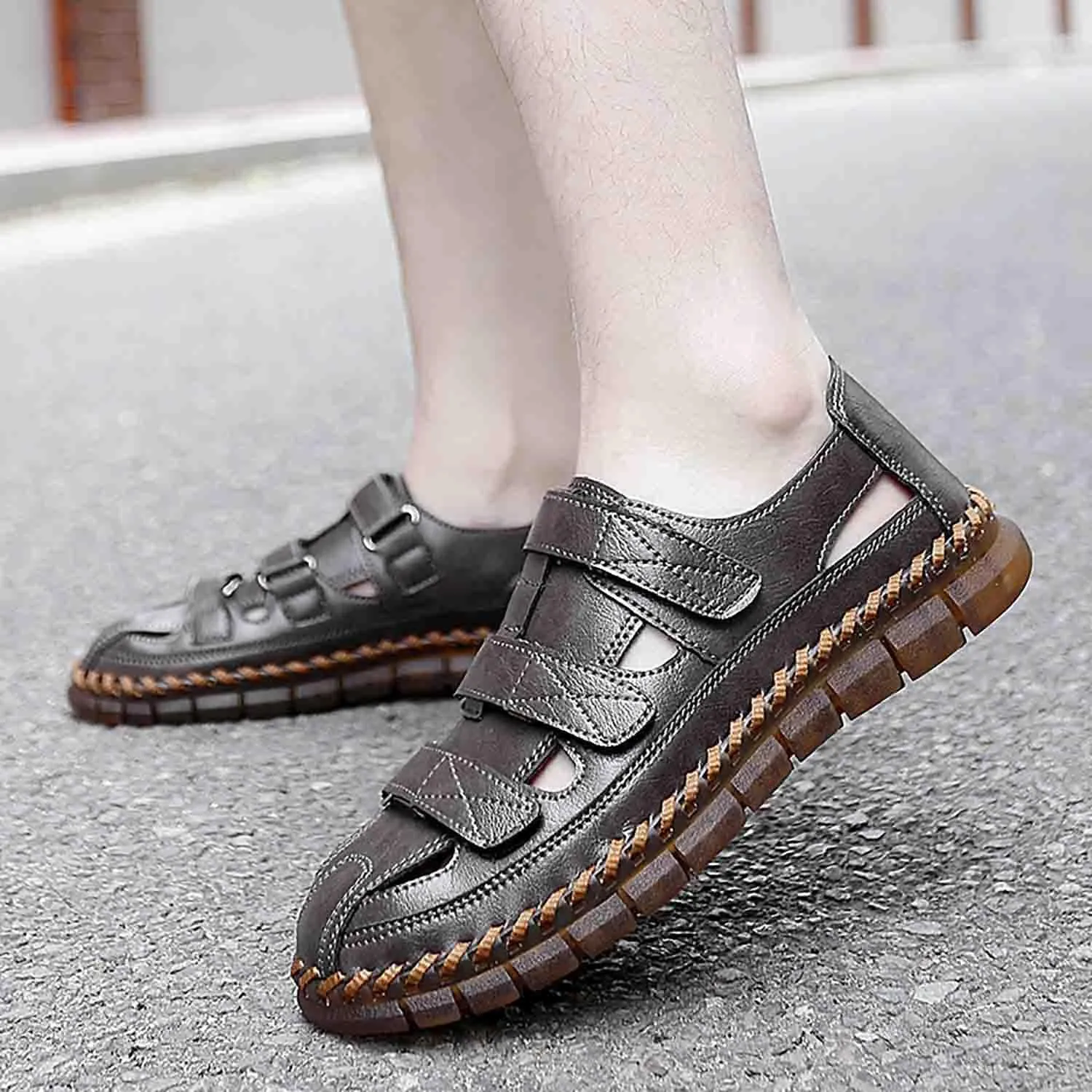 MEBAMY Men Leather Sandals Breathable Closed-Toe Summer Beach Classic Hiking Shoes