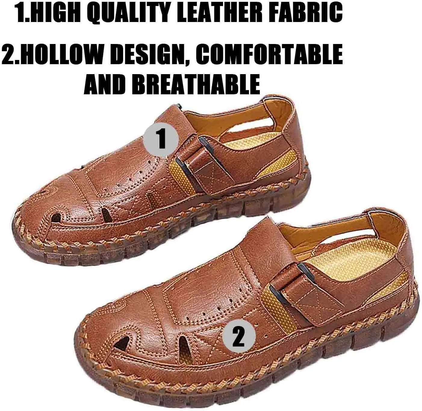 MEBAMY Men Leather Sandals Breathable Closed-Toe Summer Beach Classic Hiking Shoes