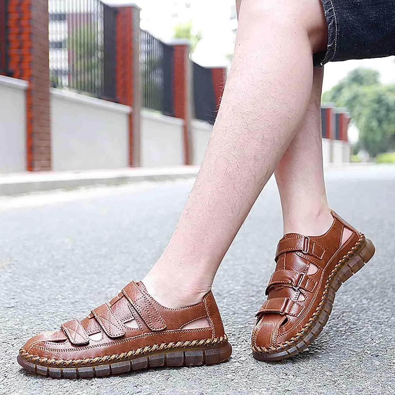 MEBAMY Men Leather Sandals Breathable Closed-Toe Summer Beach Classic Hiking Shoes