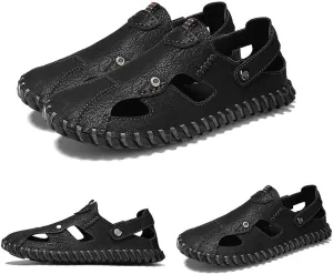 MEBAMY Men Leather Sandals Breathable Closed-Toe Summer Beach Classic Hiking Shoes