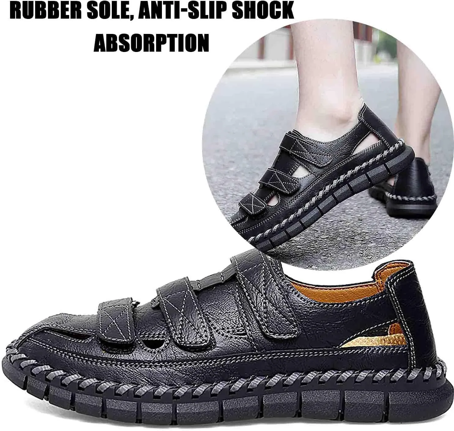 MEBAMY Men Leather Sandals Breathable Closed-Toe Summer Beach Classic Hiking Shoes