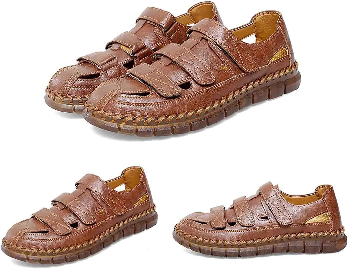 MEBAMY Men Leather Sandals Breathable Closed-Toe Summer Beach Classic Hiking Shoes