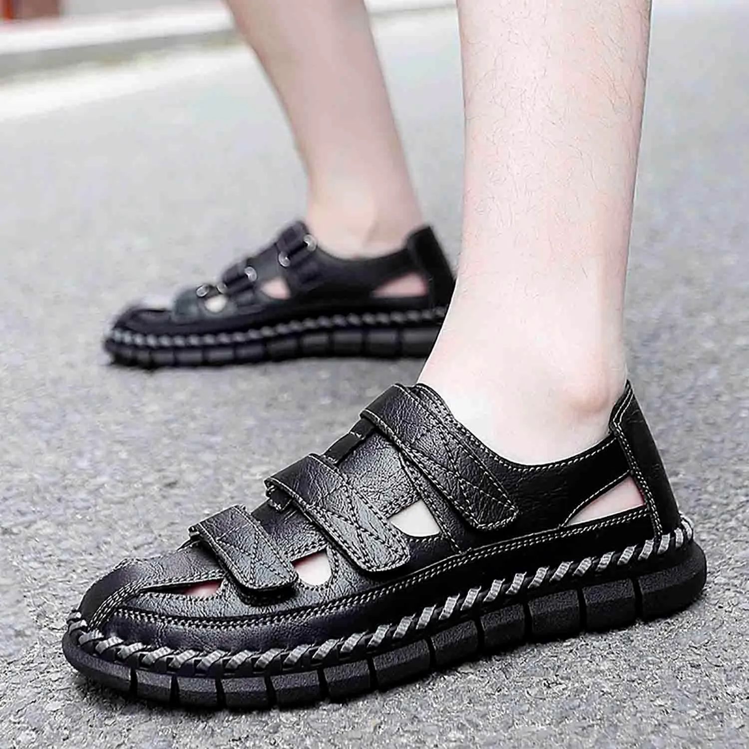 MEBAMY Men Leather Sandals Breathable Closed-Toe Summer Beach Classic Hiking Shoes