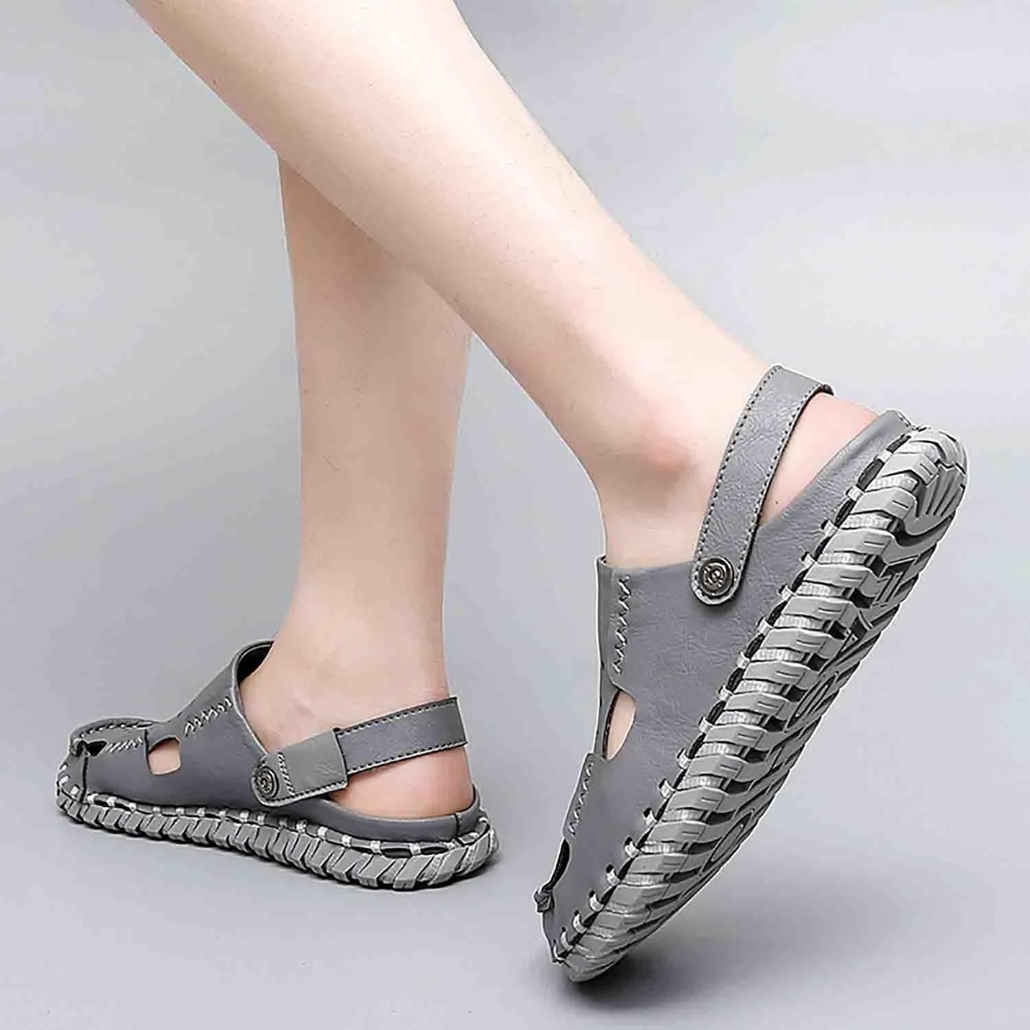 MEBAMY Men Leather Sandals Breathable Closed-Toe Summer Beach Classic Hiking Shoes