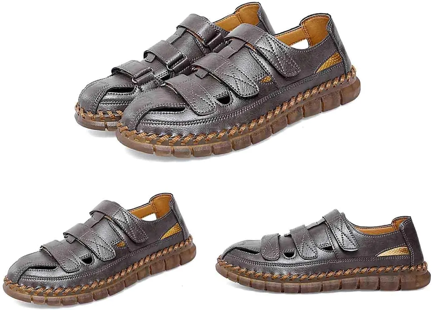 MEBAMY Men Leather Sandals Breathable Closed-Toe Summer Beach Classic Hiking Shoes