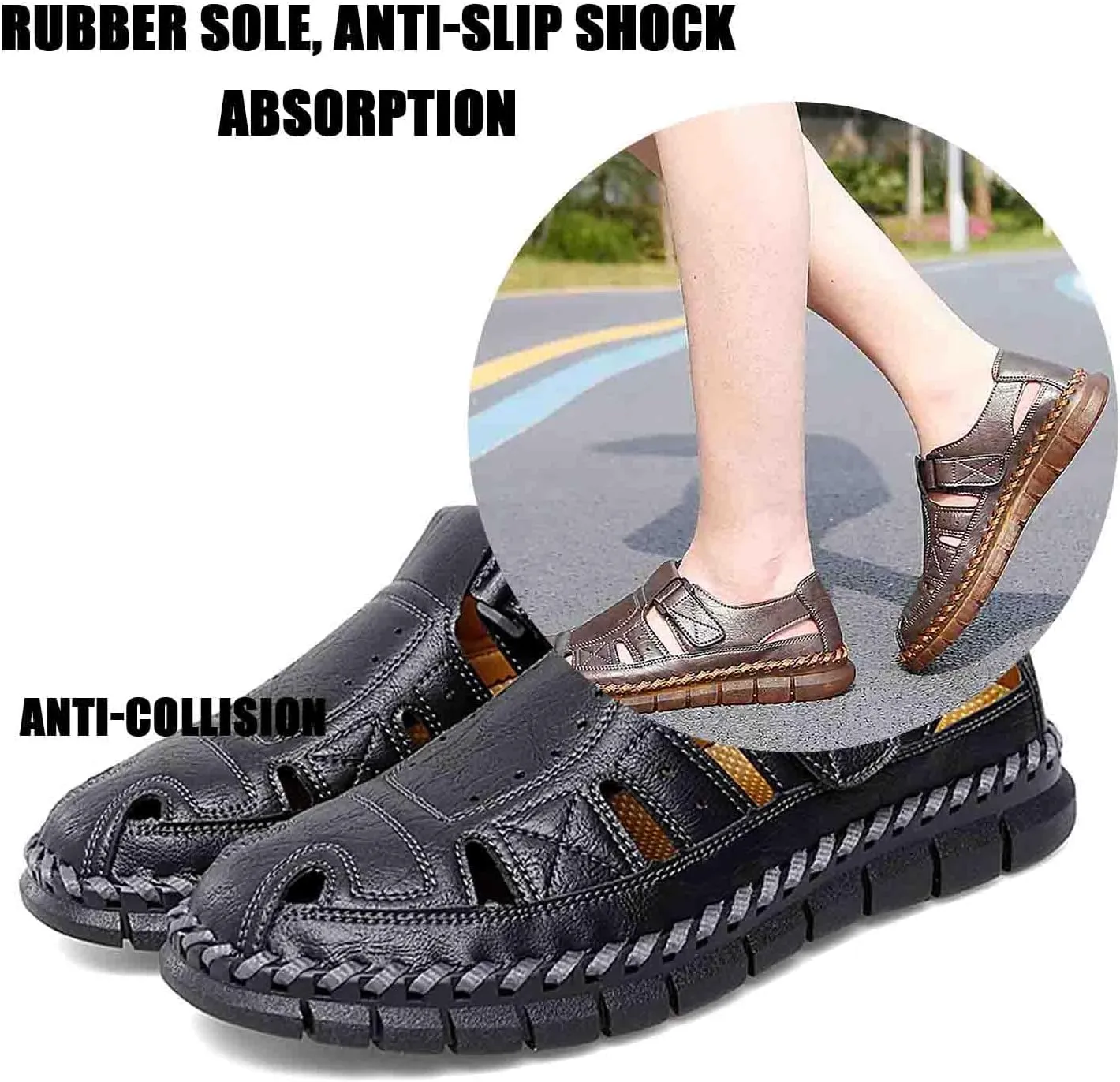 MEBAMY Men Leather Sandals Breathable Closed-Toe Summer Beach Classic Hiking Shoes