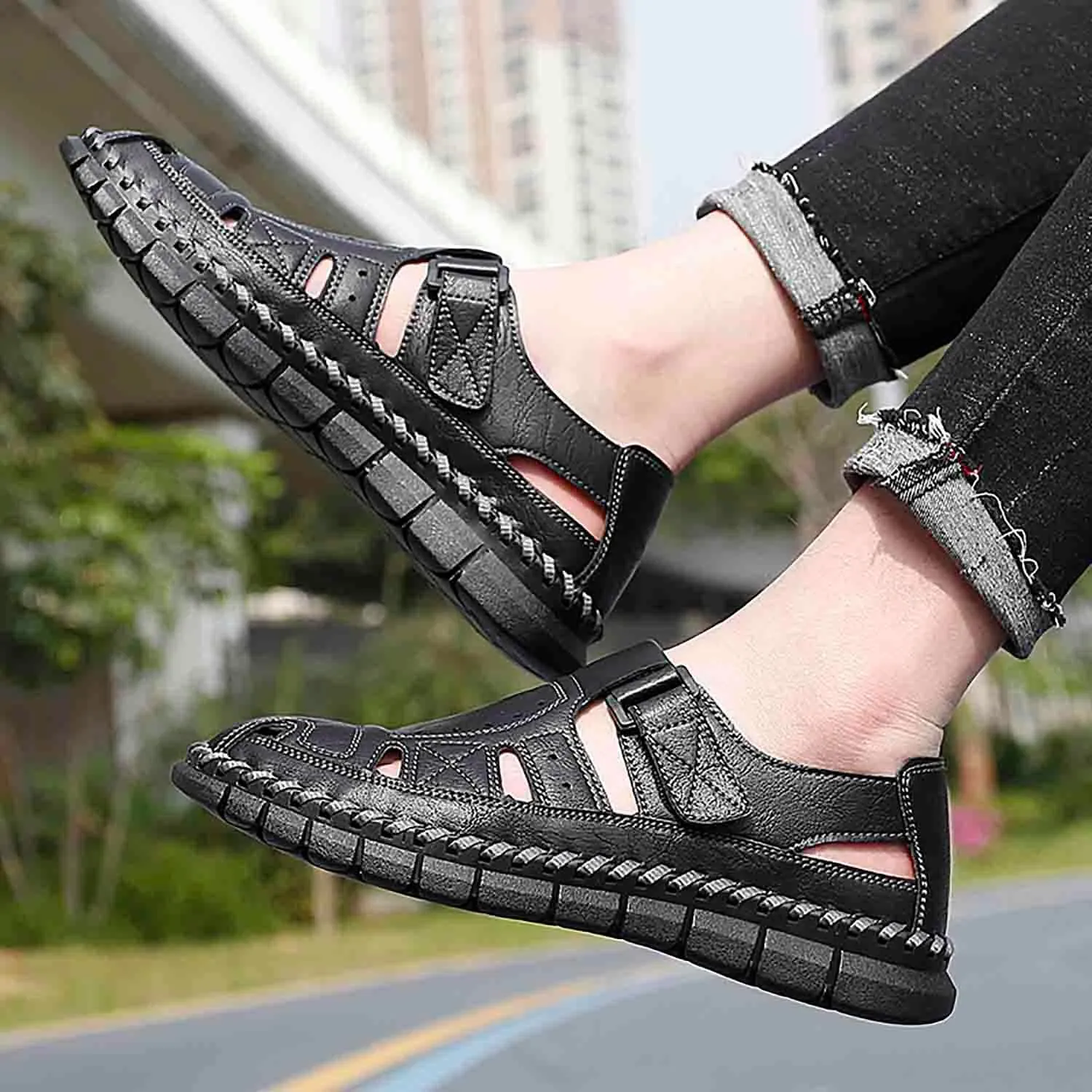 MEBAMY Men Leather Sandals Breathable Closed-Toe Summer Beach Classic Hiking Shoes