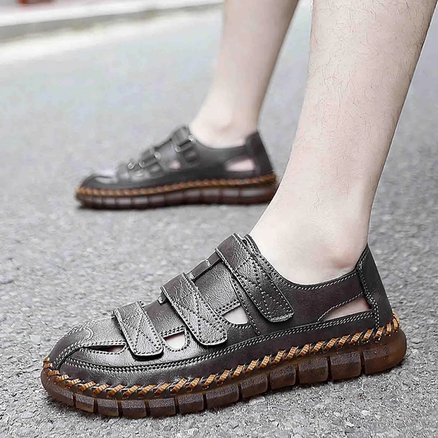 MEBAMY Men Leather Sandals Breathable Closed-Toe Summer Beach Classic Hiking Shoes