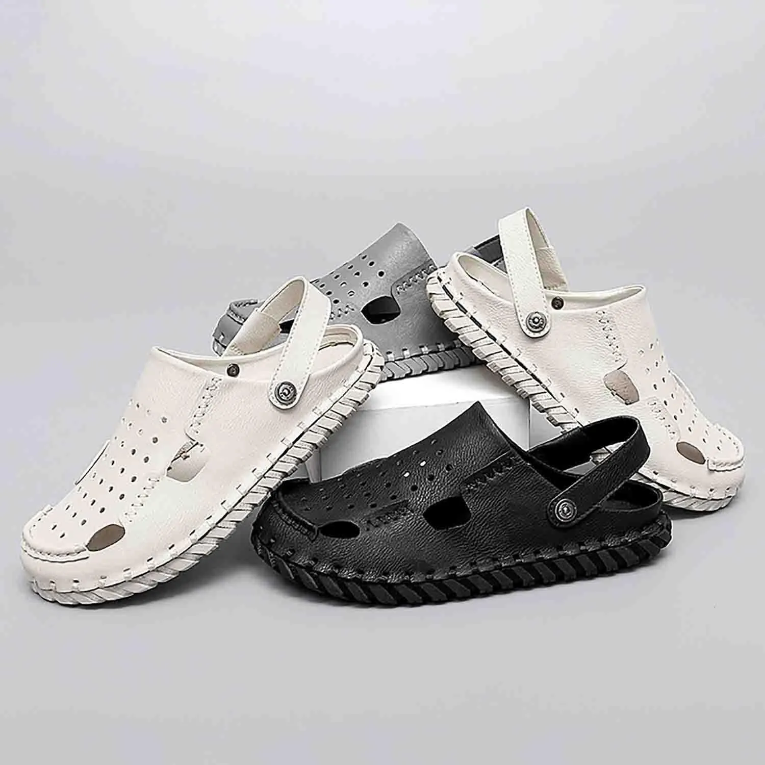 MEBAMY Men Leather Sandals Breathable Closed-Toe Summer Beach Classic Hiking Shoes