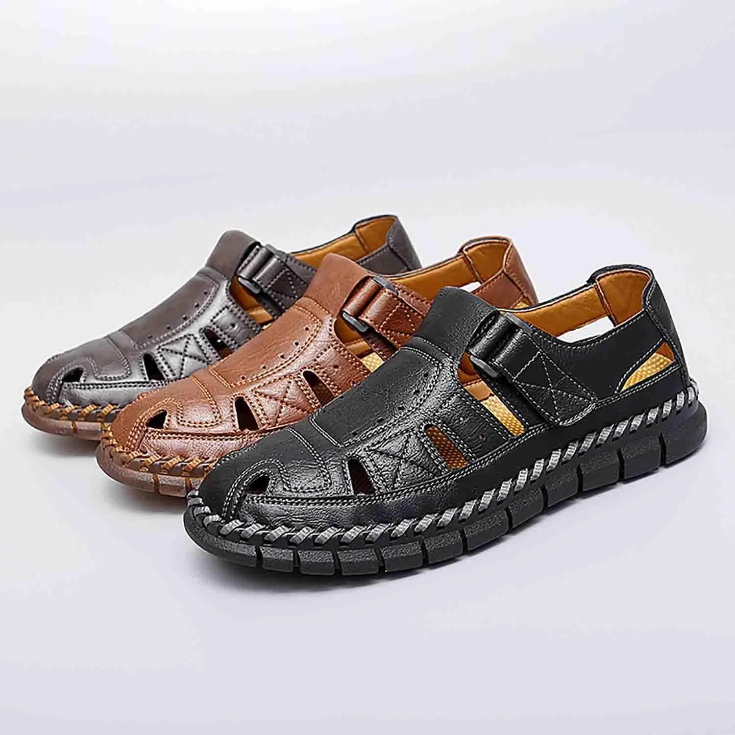 MEBAMY Men Leather Sandals Breathable Closed-Toe Summer Beach Classic Hiking Shoes