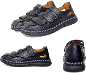 MEBAMY Men Leather Sandals Breathable Closed-Toe Summer Beach Classic Hiking Shoes